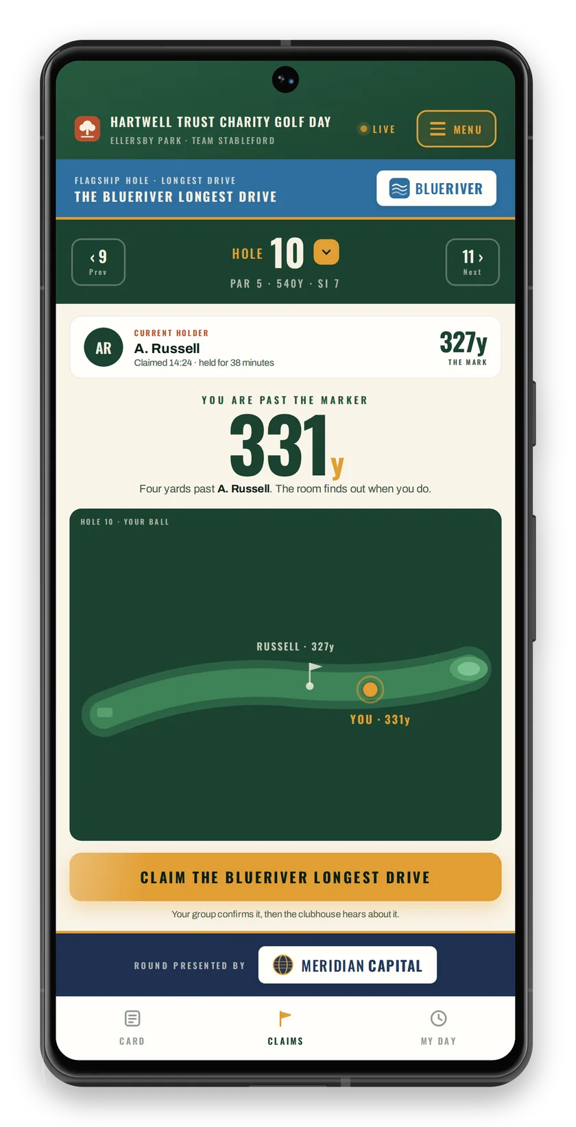 The longest drive claim on a Google Pixel 7: in range at the 10th, four yards past the holder, one gold button.
