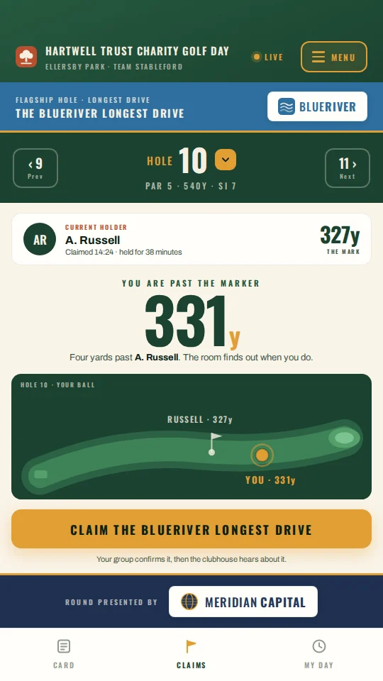 The CourseSide players' app on a phone, showing a longest drive claim in range of the marker and ready to confirm.
