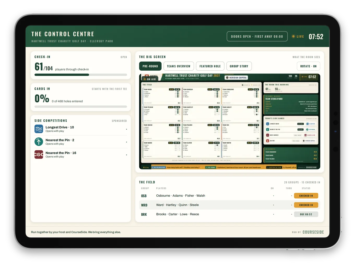 The Control Centre's morning state on the iPad: check-in filling, cards yet to start, the pre-round board already on air.